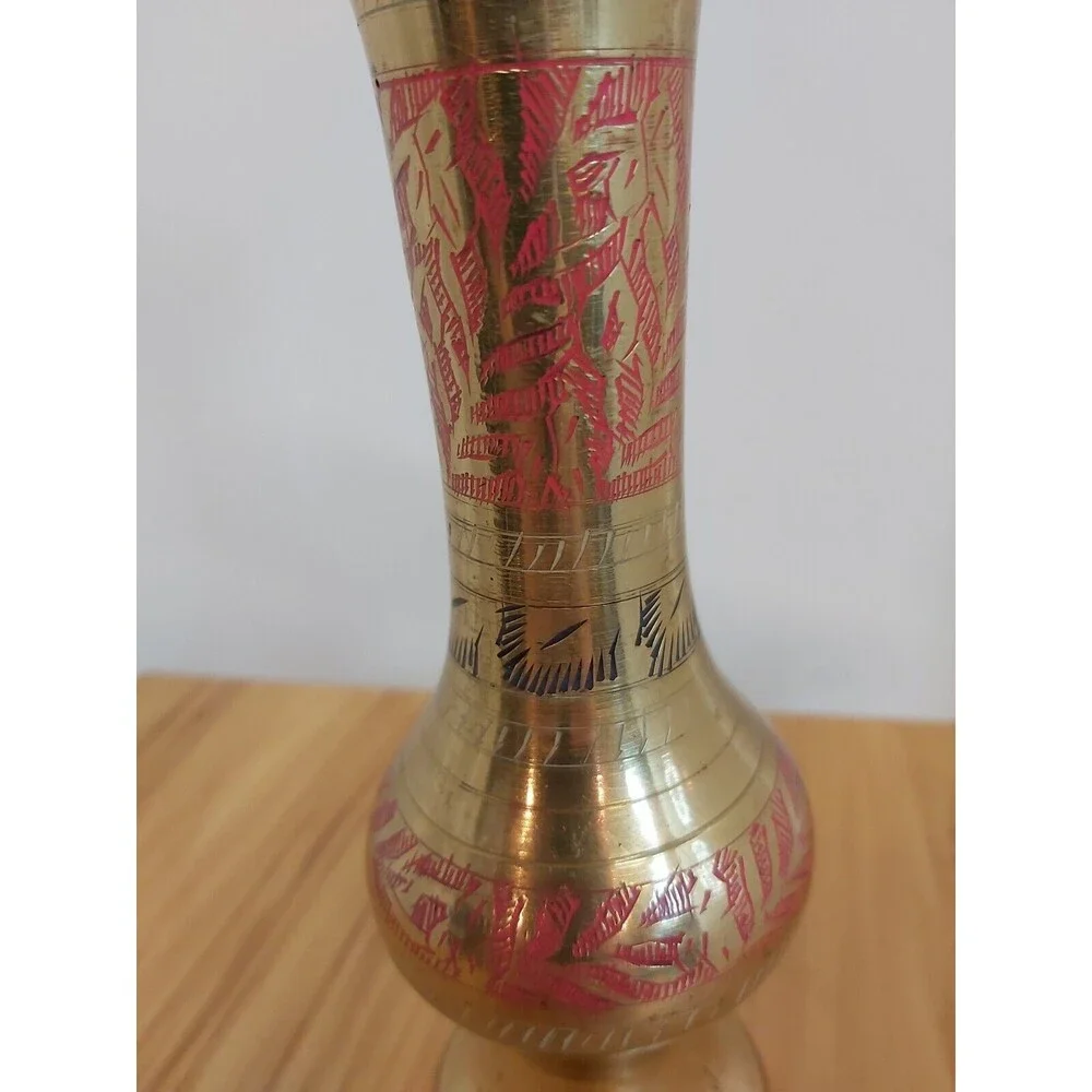 Vintage Brass Vase Red And Black Enamel Work